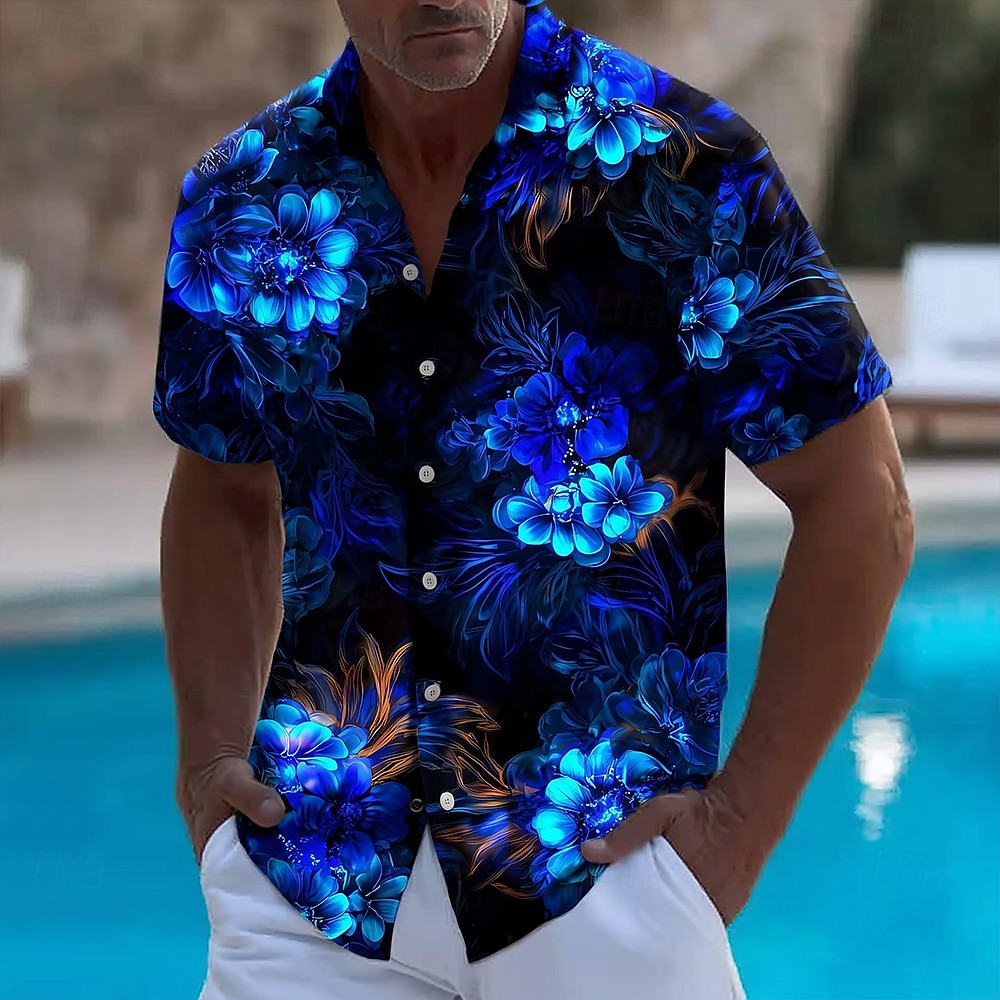 Men's Floral Print Neon Glow F - Vintage Hawaiian Floral Shirt 评论和价格