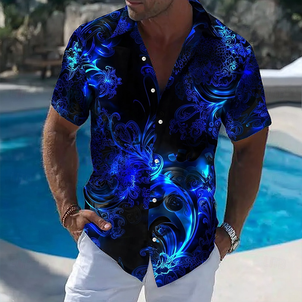 Men's Floral Print Neon Glow F - Vintage Hawaiian Floral Shirt 评论和价格