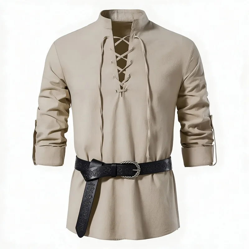 Men Medieval Viking Shirt Stan - Medieval Gothic Lace Up Pirate Shirt 评论和价格