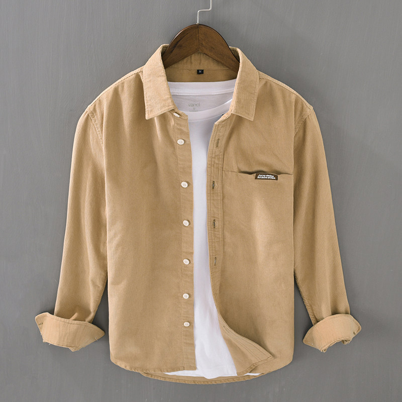 Retro Japanese Style Long Slee - Corduroy Button Up Shirt Men 评论和价格