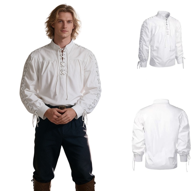 Men Vintage Lace Up Stand Coll - Medieval Gothic Lace Up Pirate Shirt 评论和价格