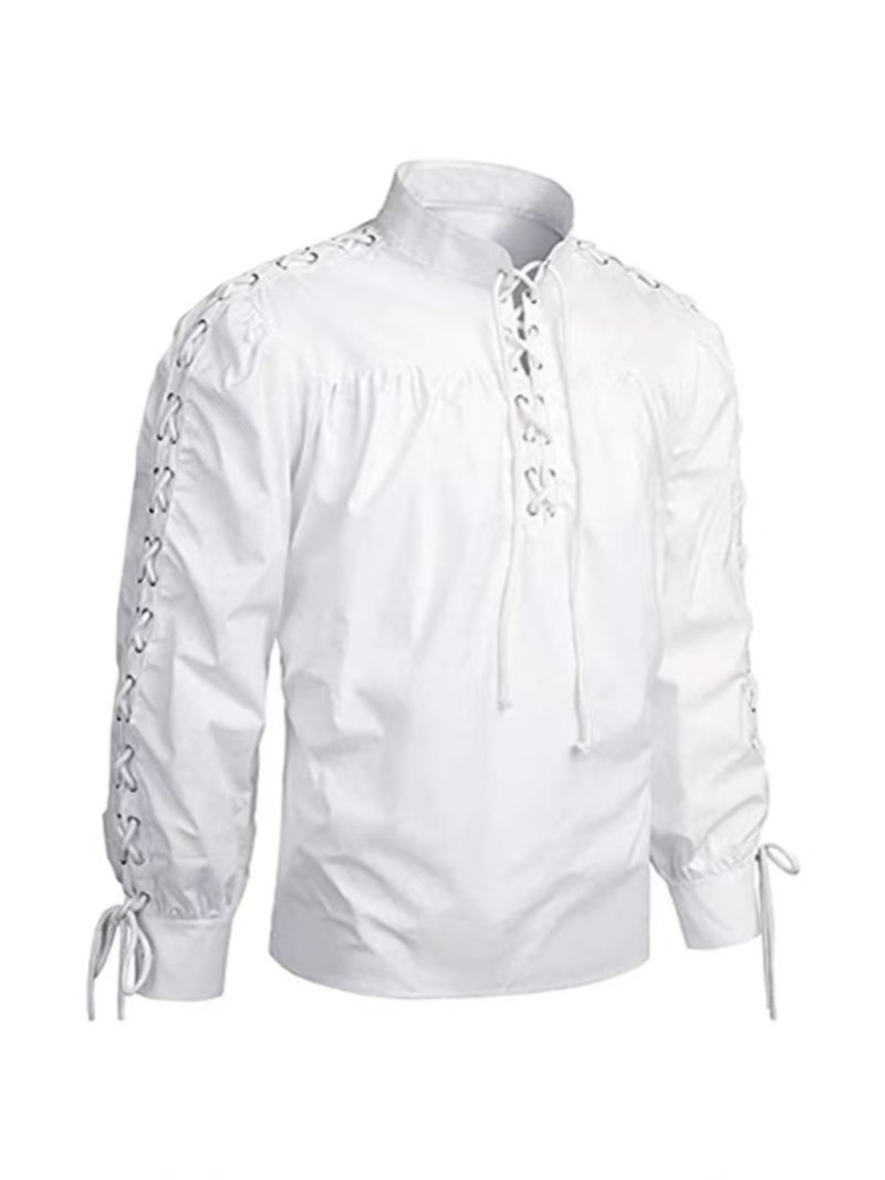 Men Vintage Lace Up Stand Coll - Medieval Gothic Lace Up Pirate Shirt 评论和价格