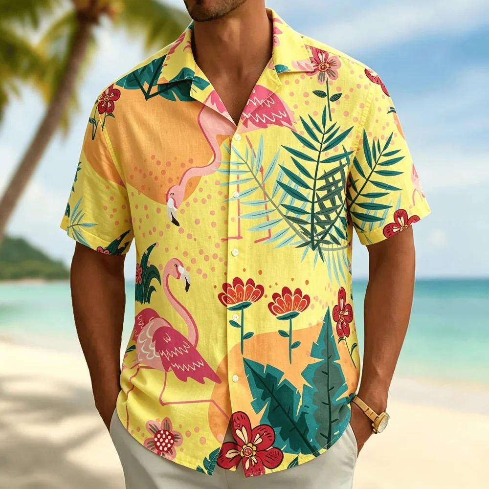 Men's Tropical Flamingo Print  - Vintage Hawaiian Floral Shirt 评论和价格