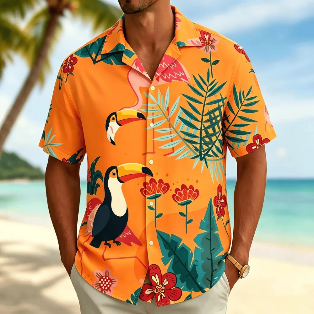Men's Tropical Flamingo Print  - Vintage Hawaiian Floral Shirt 评论和价格