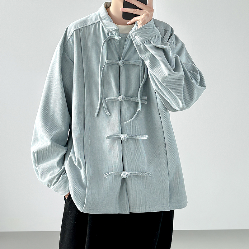 Men Retro Chinese Style Cordur - Corduroy Button Up Shirt Men 评论和价格